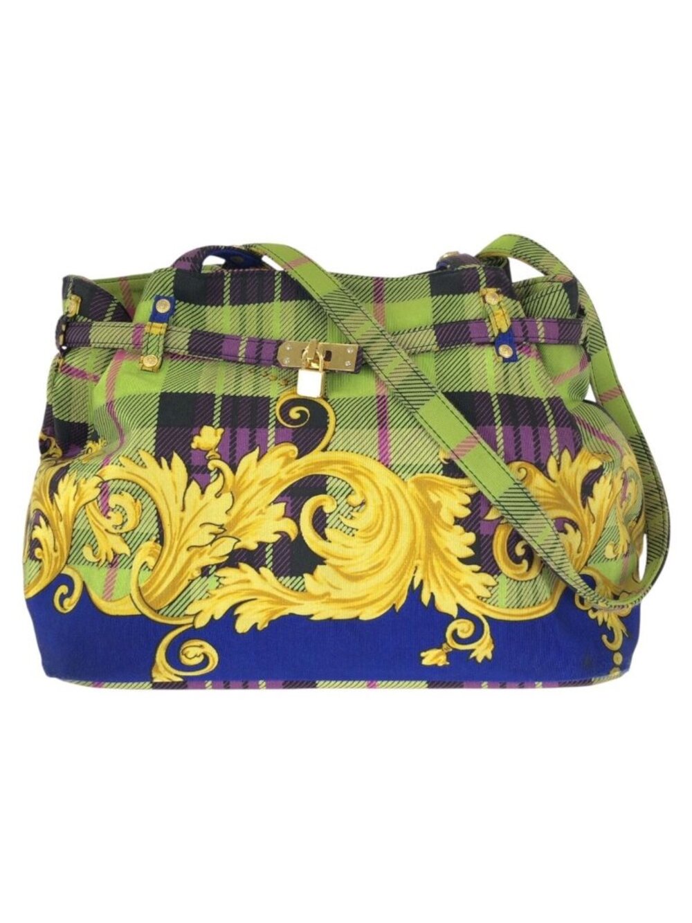 Versace Vintage Tartan Baroque Blue Green Yellow Canvas Shoulder Bag
